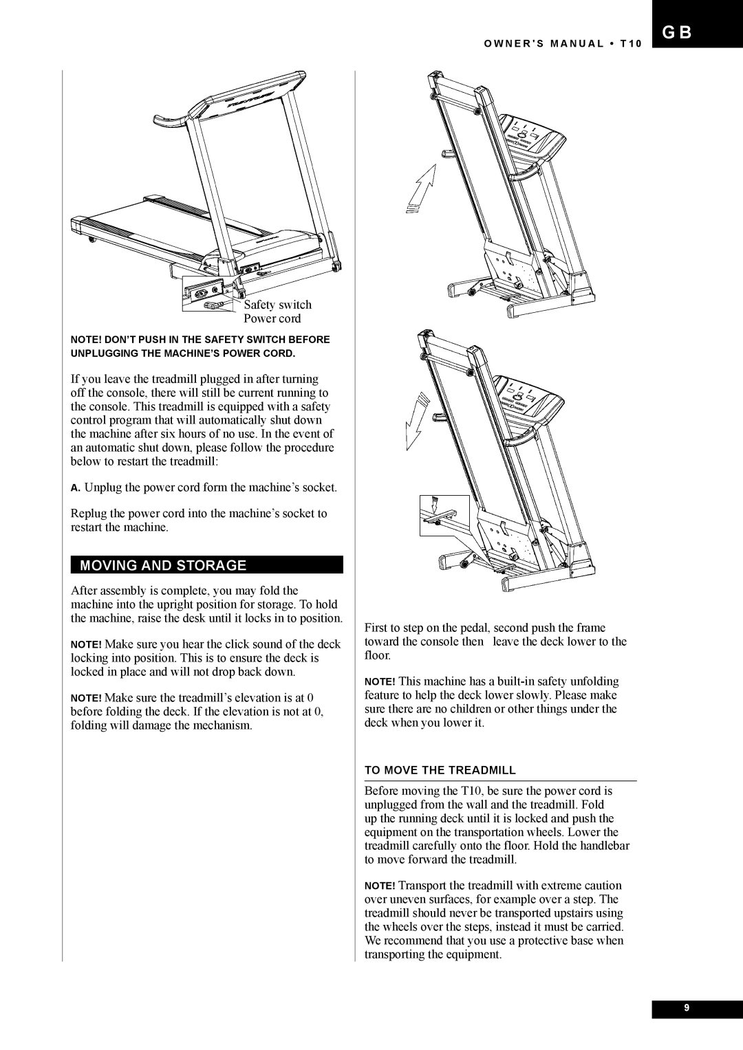 Tunturi T10 owner manual Moving and Storage 