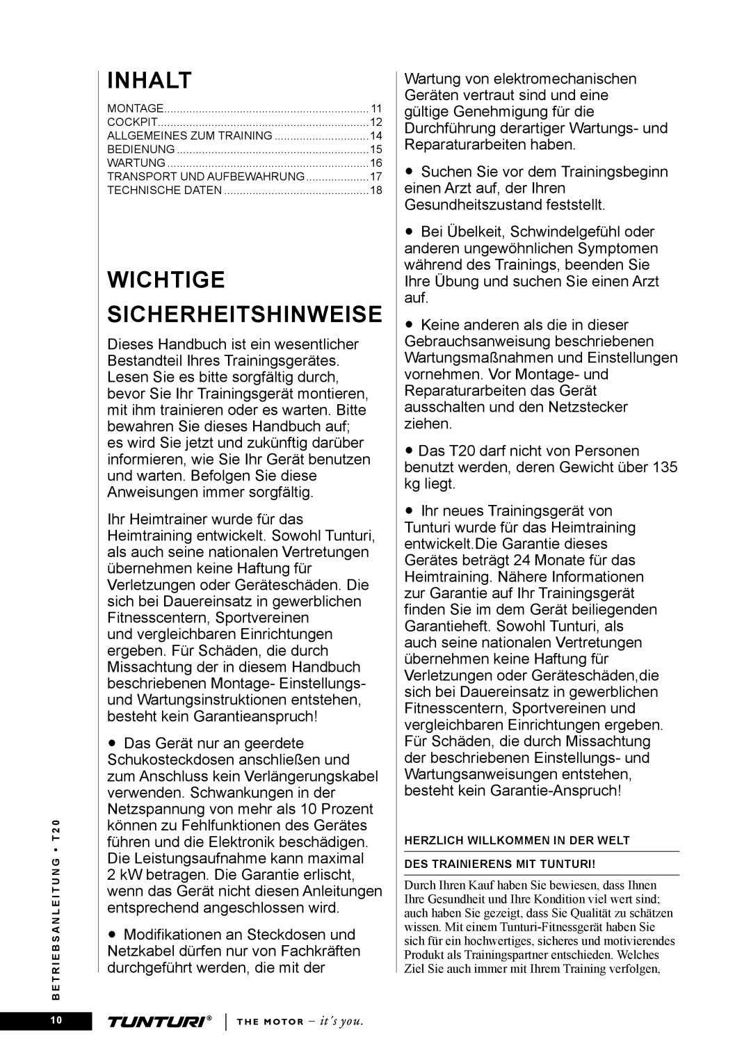 Tunturi T20 owner manual Inhalt, Wichtige Sicherheitshinweise 