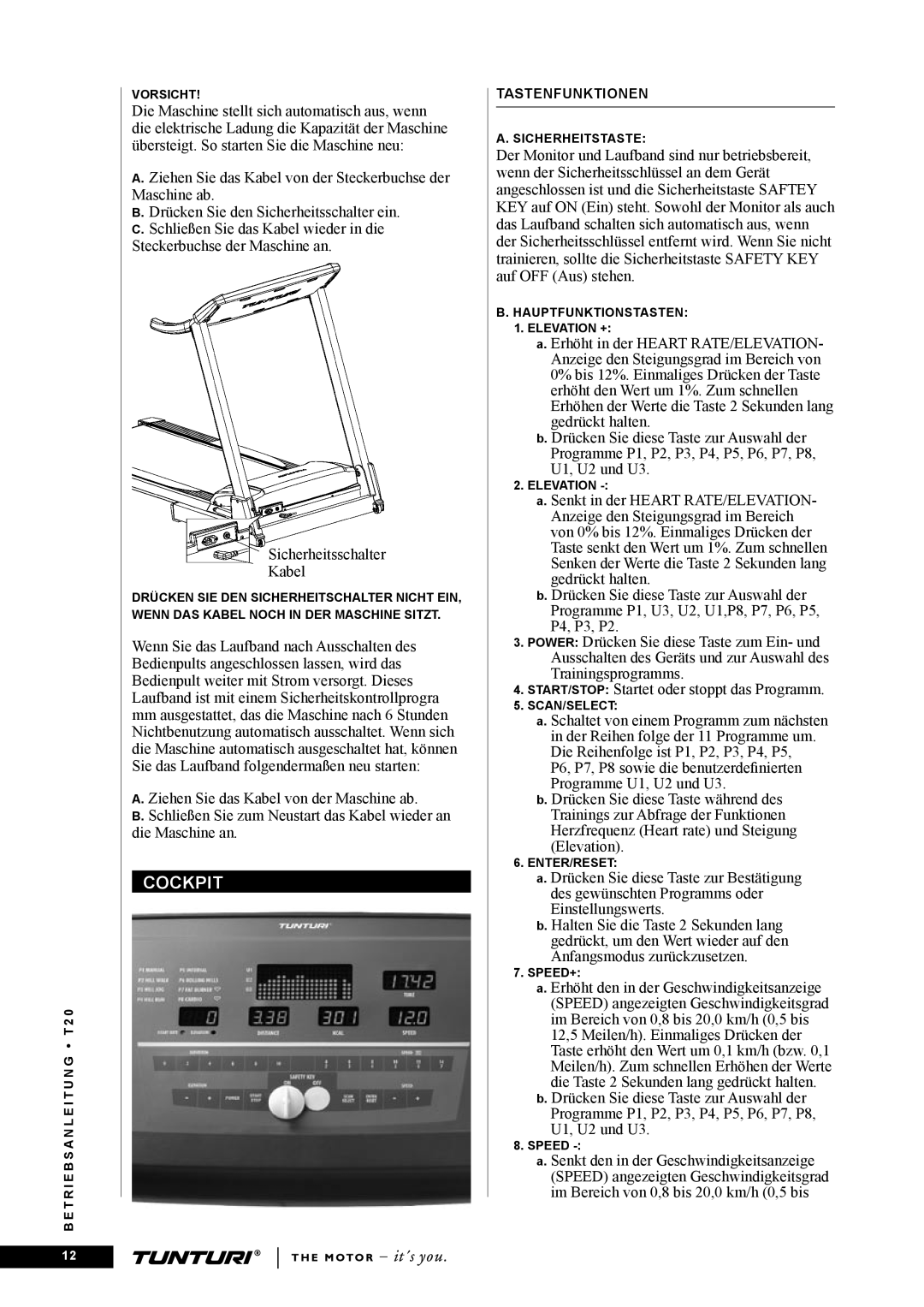 Tunturi T20 owner manual Cockpit 