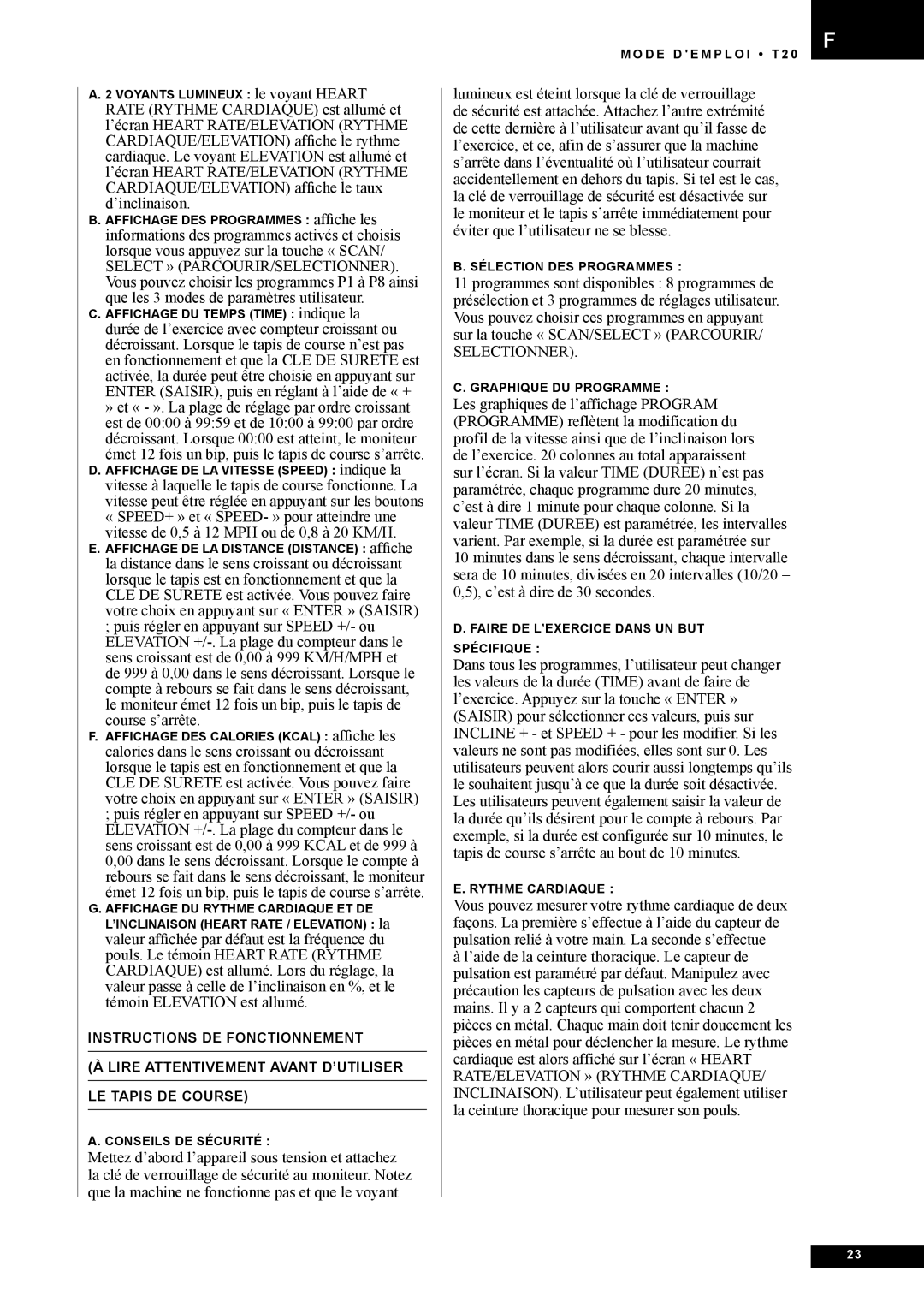 Tunturi T20 owner manual Conseils DE Sécurité 