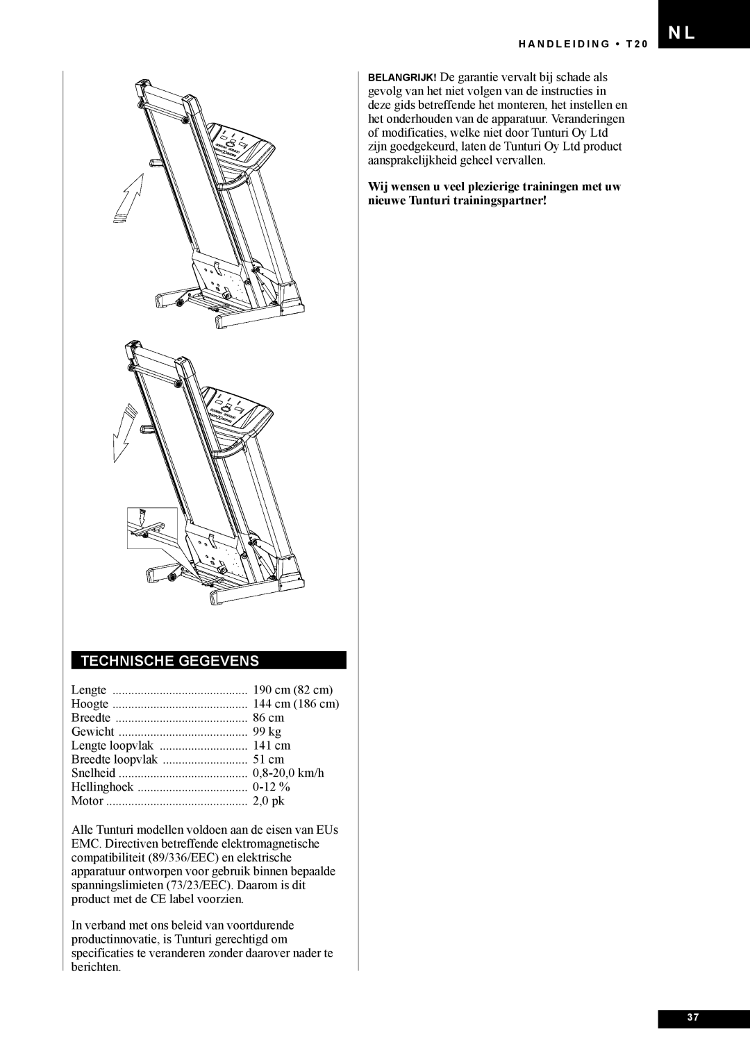 Tunturi T20 owner manual Technische Gegevens 