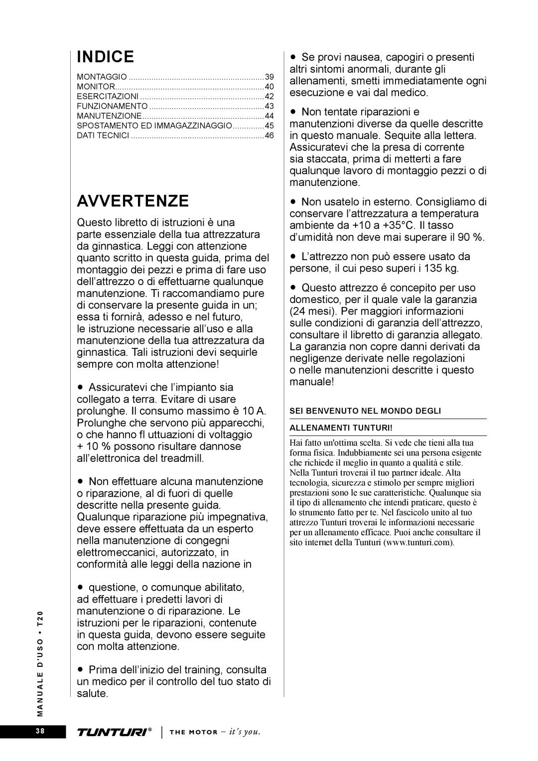 Tunturi T20 owner manual Indice, Avvertenze 