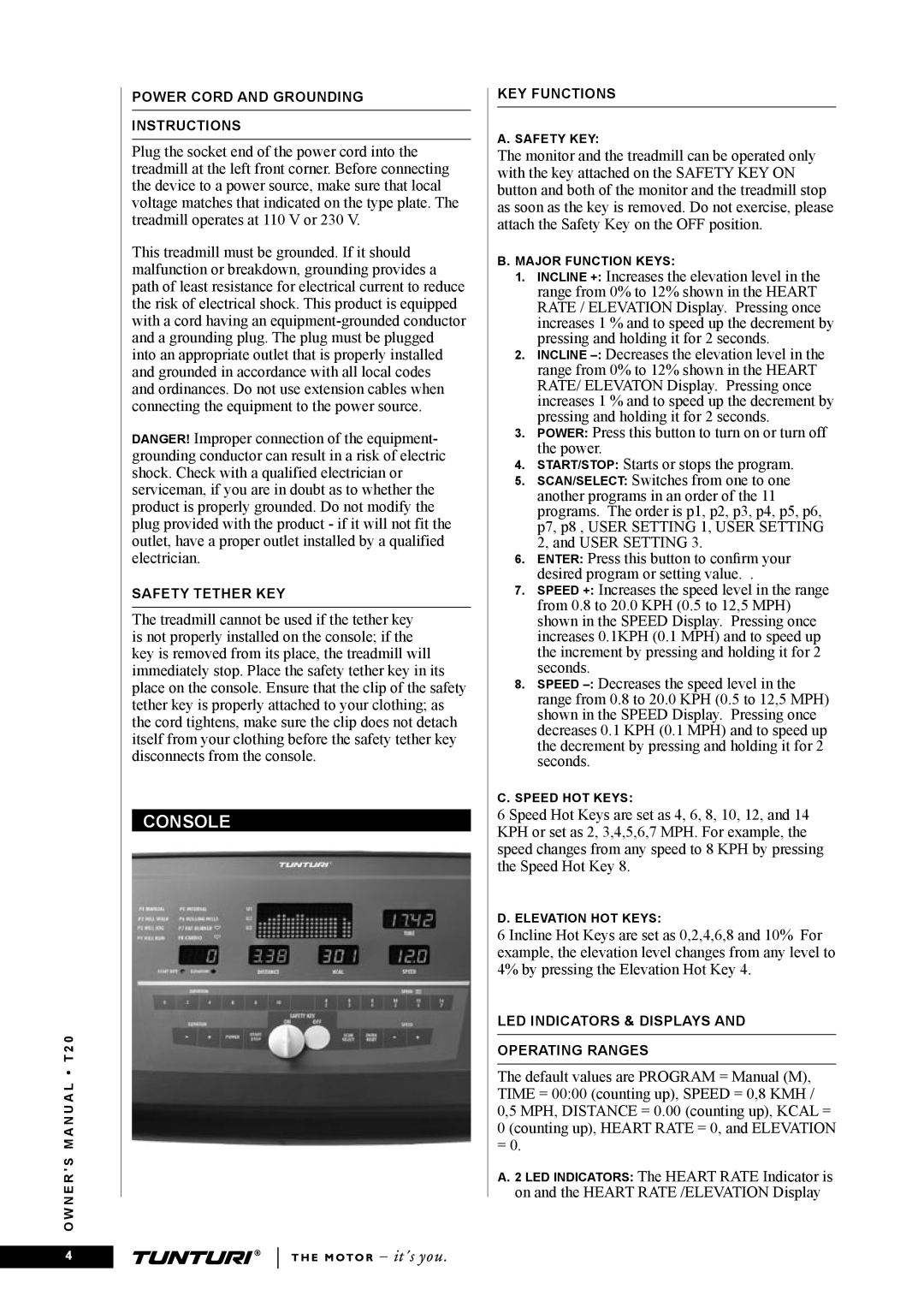 Tunturi T20 owner manual Console 