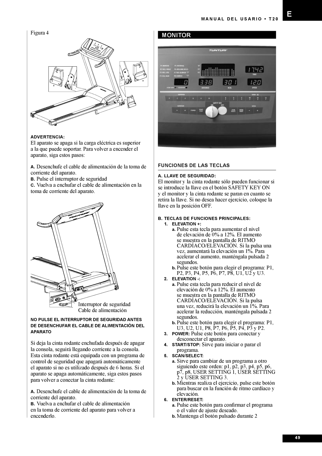 Tunturi T20 owner manual Funciones DE LAS Teclas 