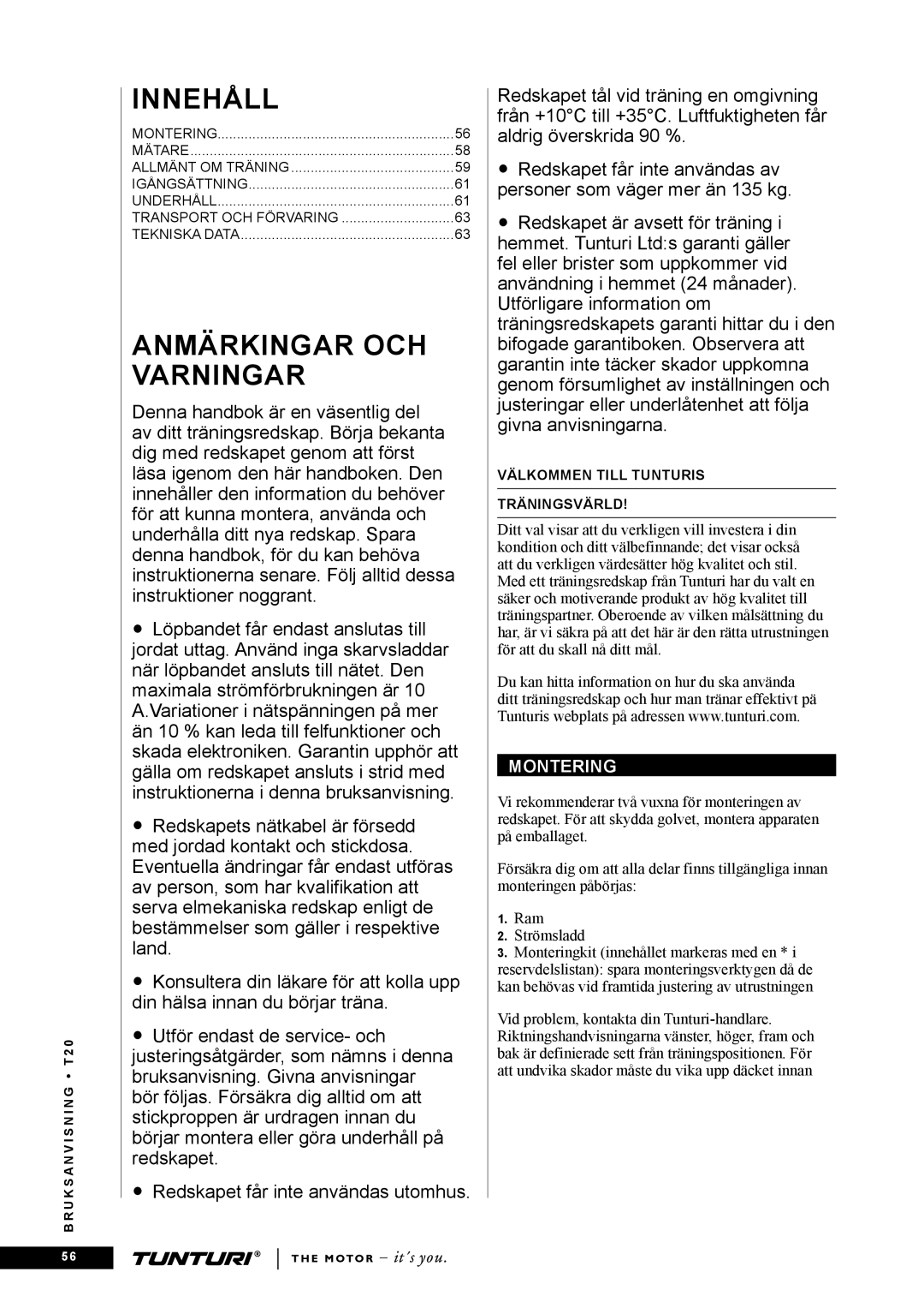 Tunturi T20 owner manual Innehåll, Anmärkingar OCH Varningar, Montering 