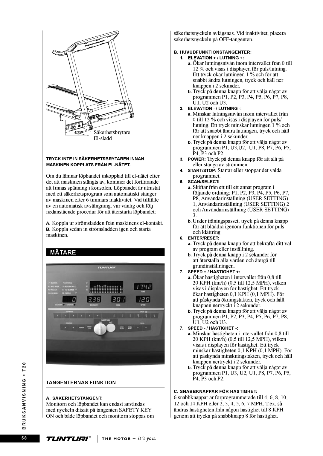 Tunturi T20 owner manual Mätare 