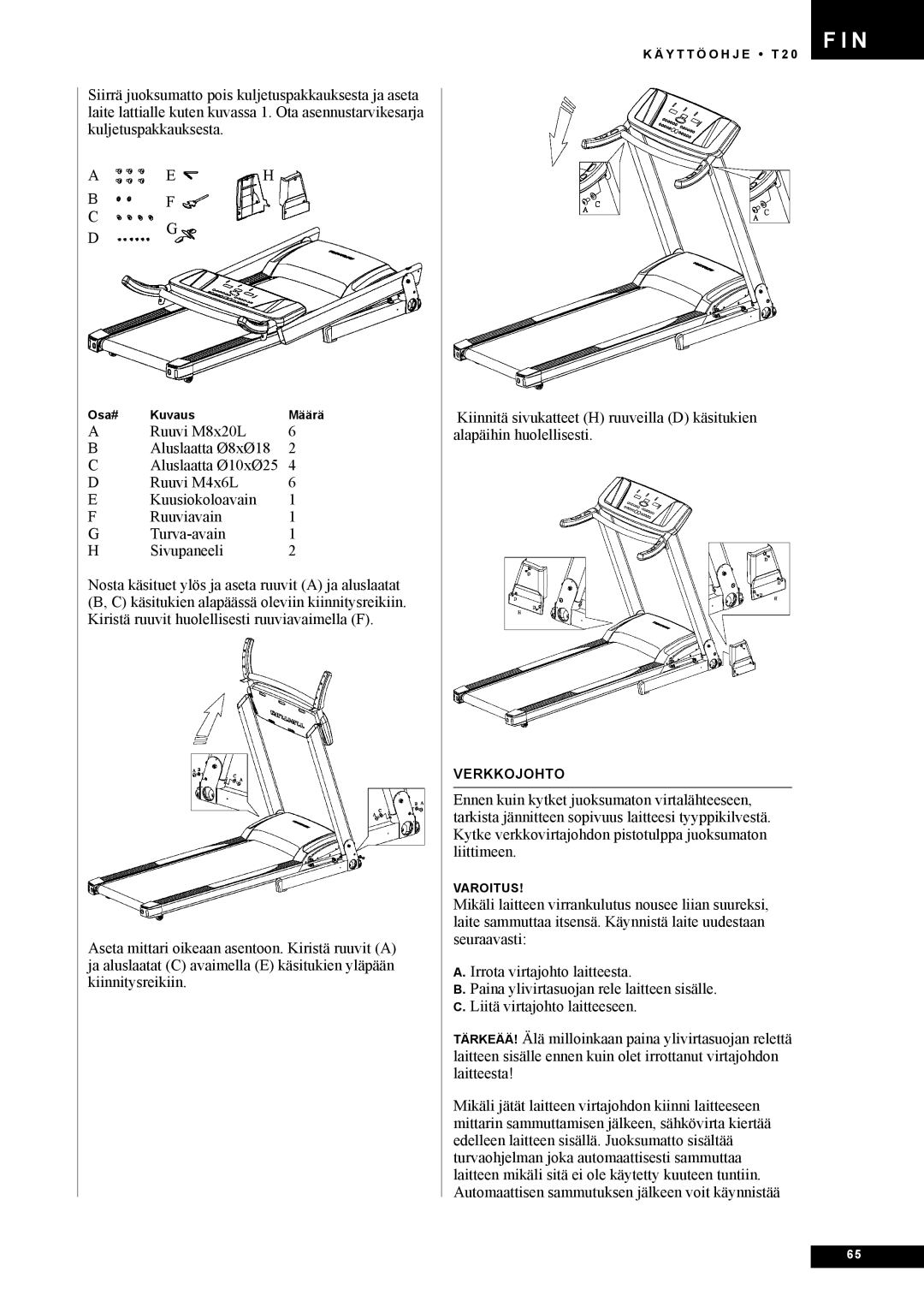 Tunturi T20 owner manual Verkkojohto 