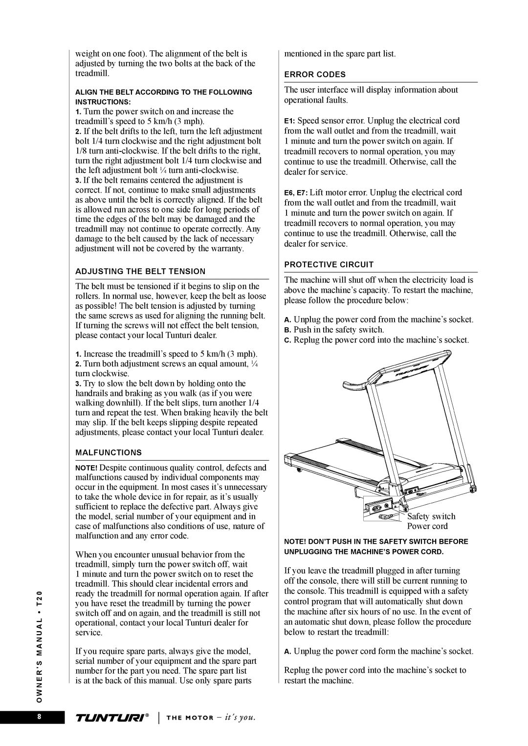 Tunturi T20 owner manual Adjusting the Belt Tension 