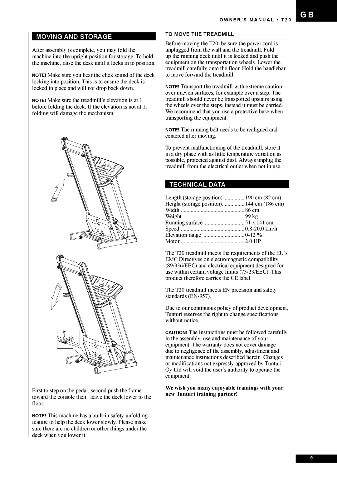 Tunturi T20 owner manual Moving and Storage, Technical Data 