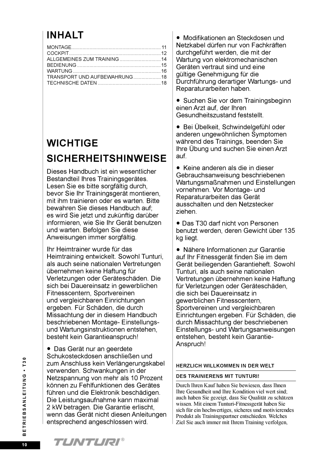 Tunturi T30 owner manual Wichtige Sicherheitshinweise 