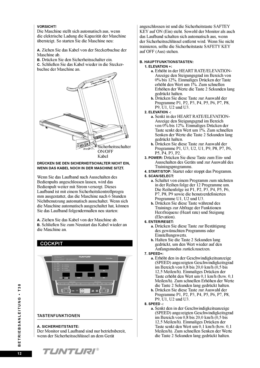 Tunturi T30 owner manual Cockpit 