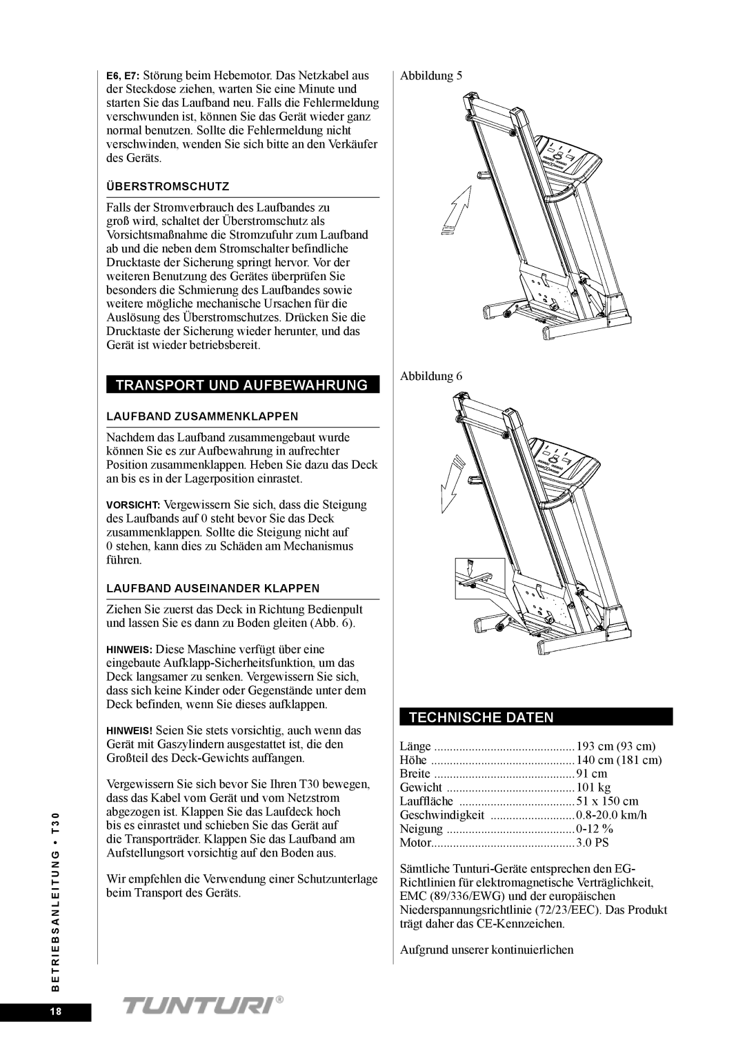 Tunturi T30 owner manual Transport UND Aufbewahrung, Technische Daten 