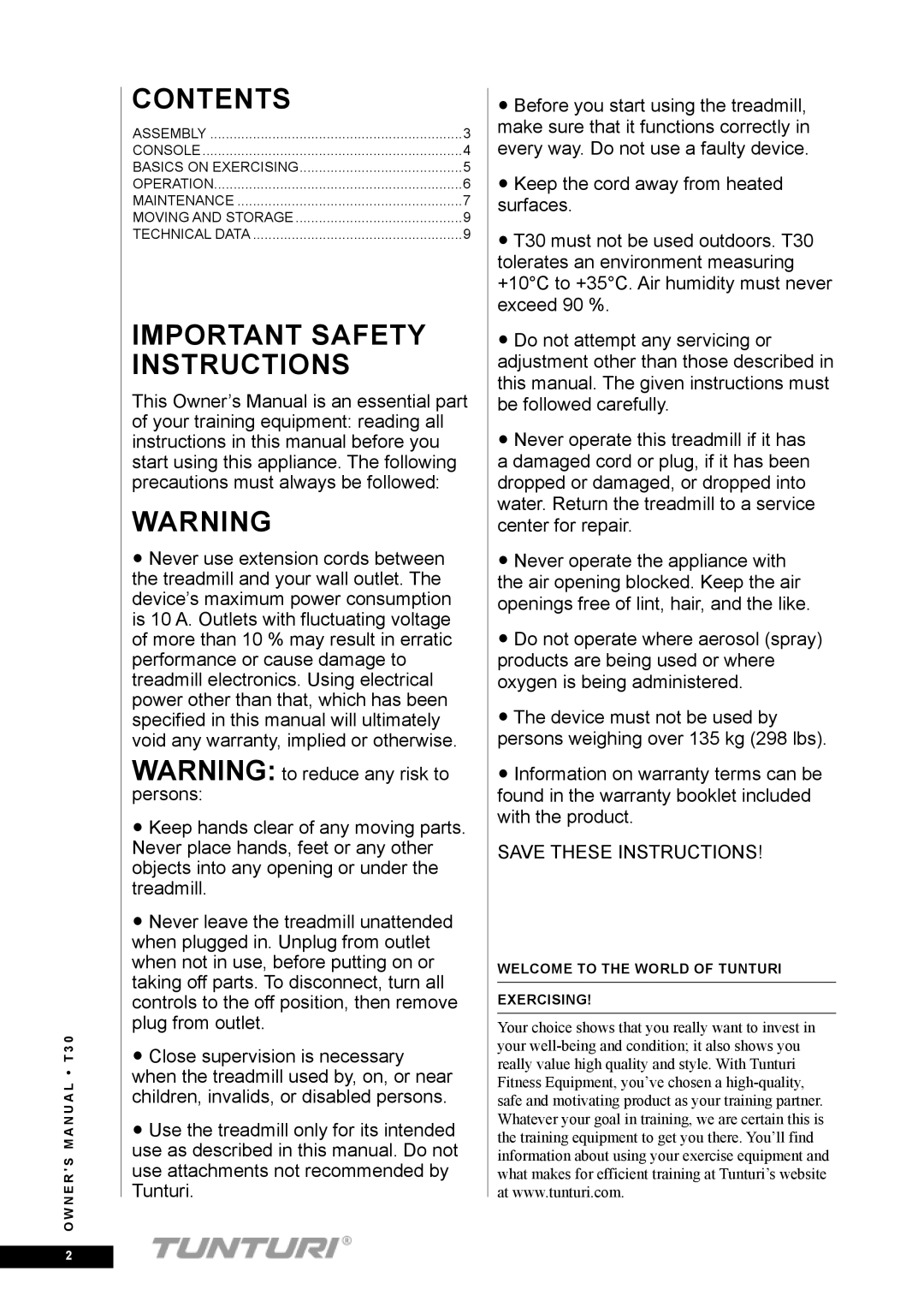 Tunturi T30 owner manual Important Safety Instructions 