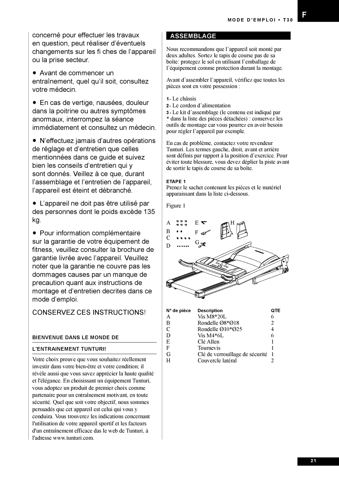 Tunturi T30 owner manual Conservez CES Instructions, Assemblage 