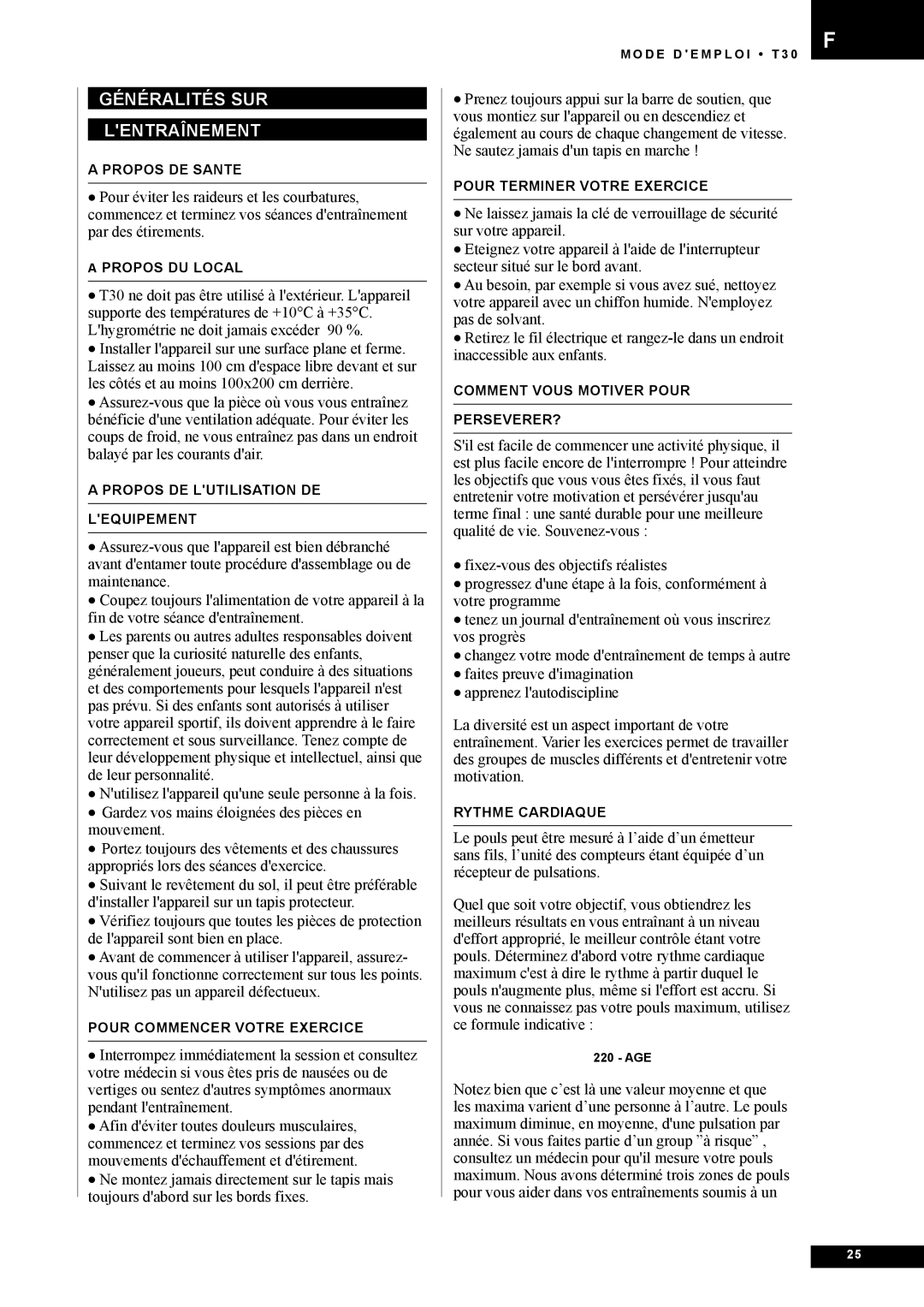 Tunturi T30 owner manual Généralités sur lentraînement 