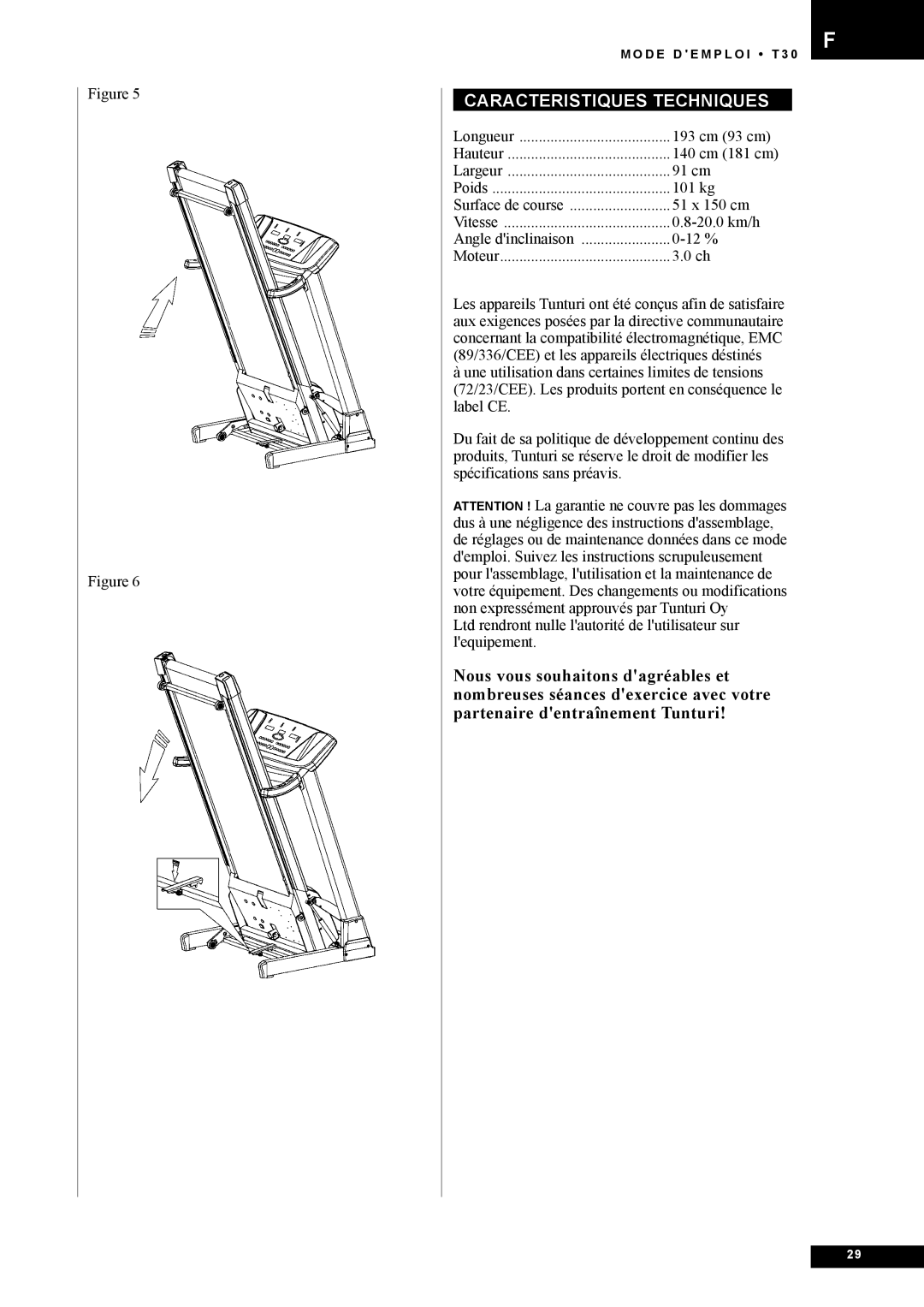 Tunturi T30 owner manual Caracteristiques techniques 