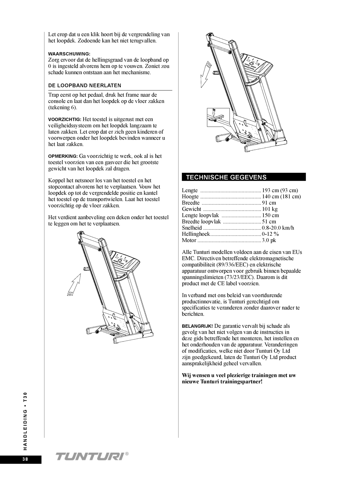 Tunturi T30 owner manual Technische Gegevens 