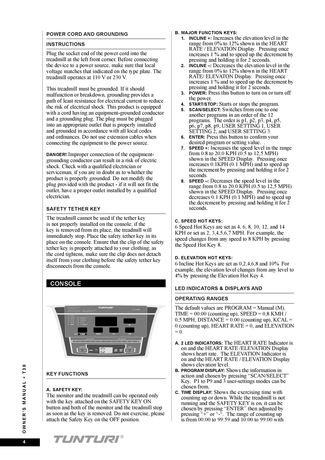 Tunturi T30 owner manual Console 