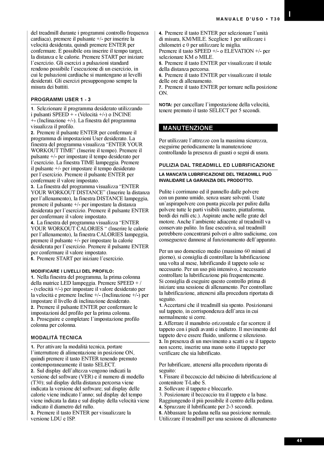 Tunturi T30 owner manual Manutenzione 