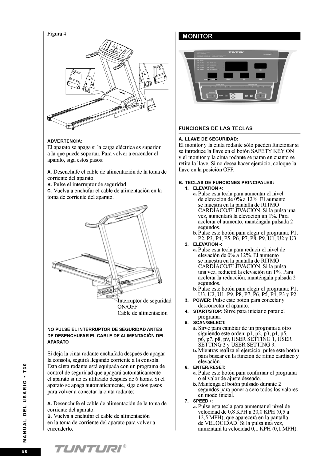 Tunturi T30 owner manual Funciones de las teclas 