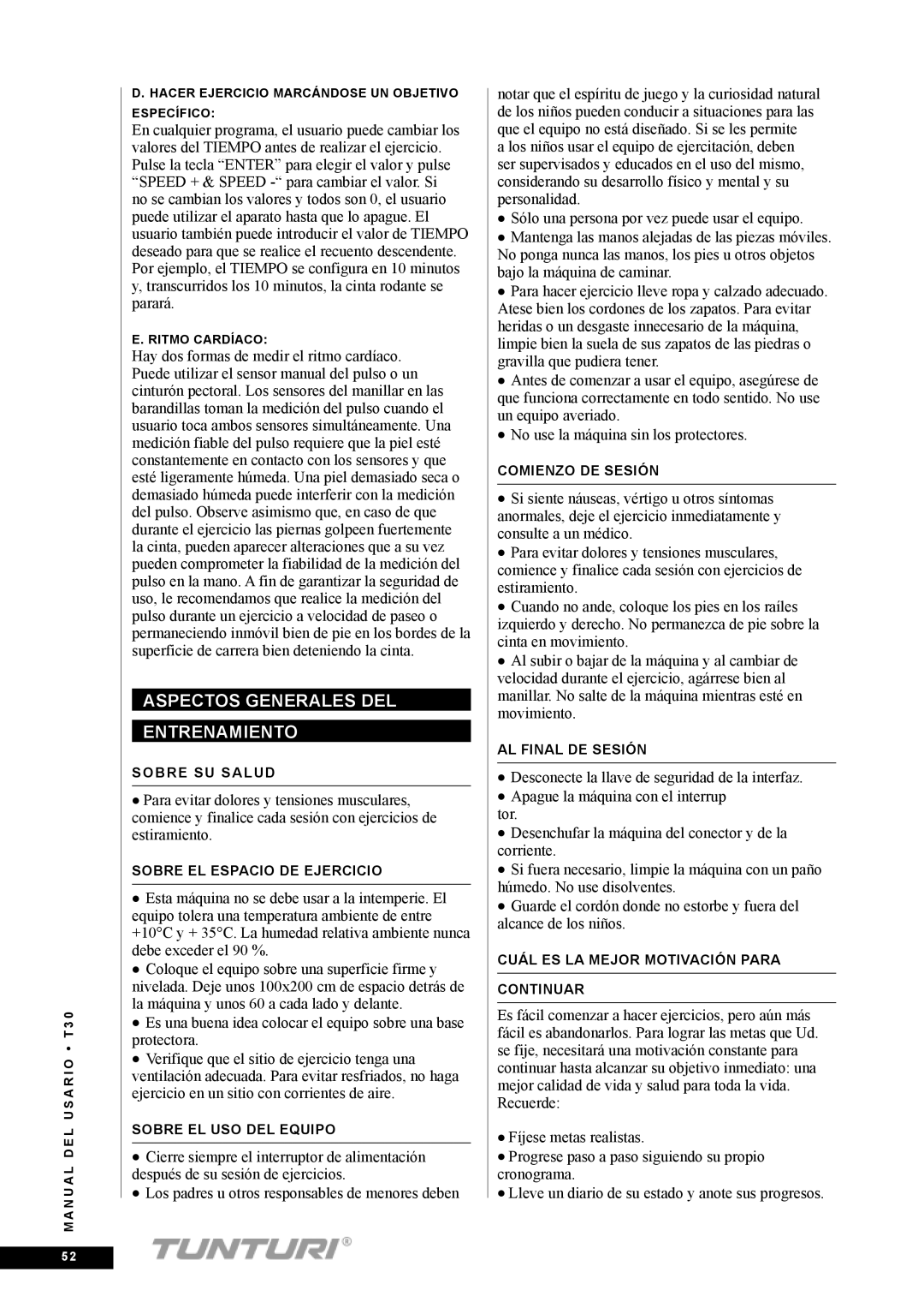 Tunturi T30 owner manual Aspectos generales del entrenamiento 