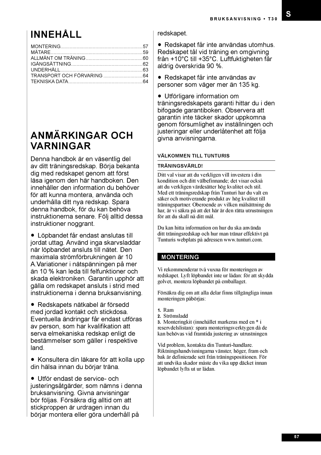 Tunturi T30 owner manual Innehåll, Montering 