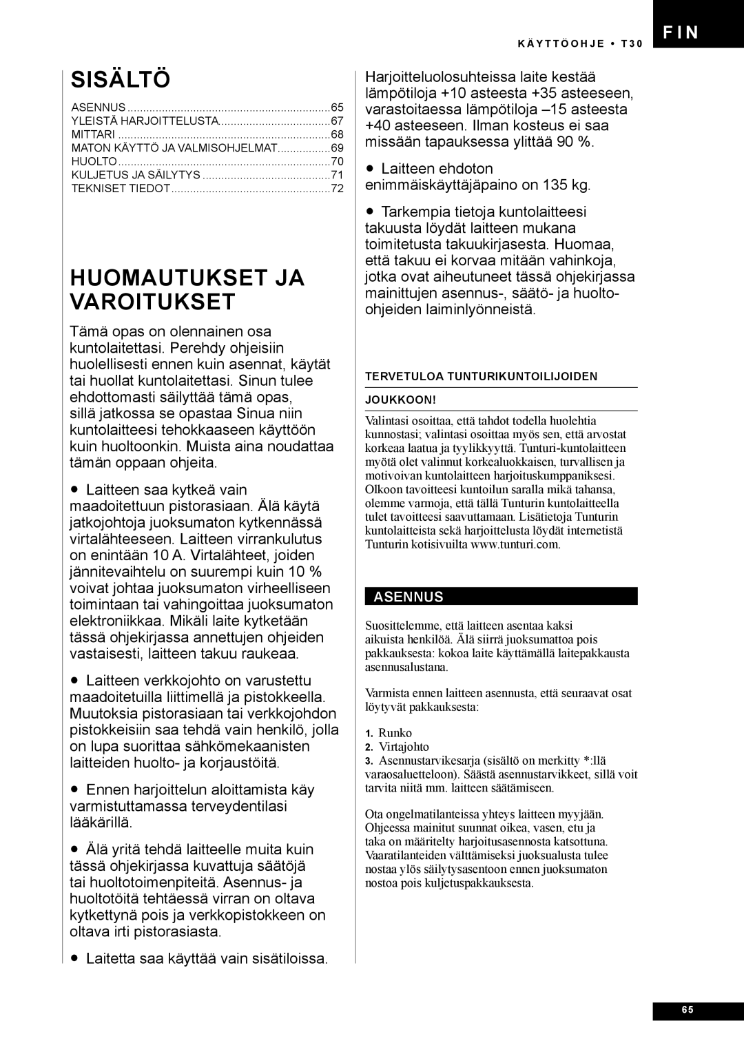 Tunturi T30 owner manual Sisältö, Asennus 