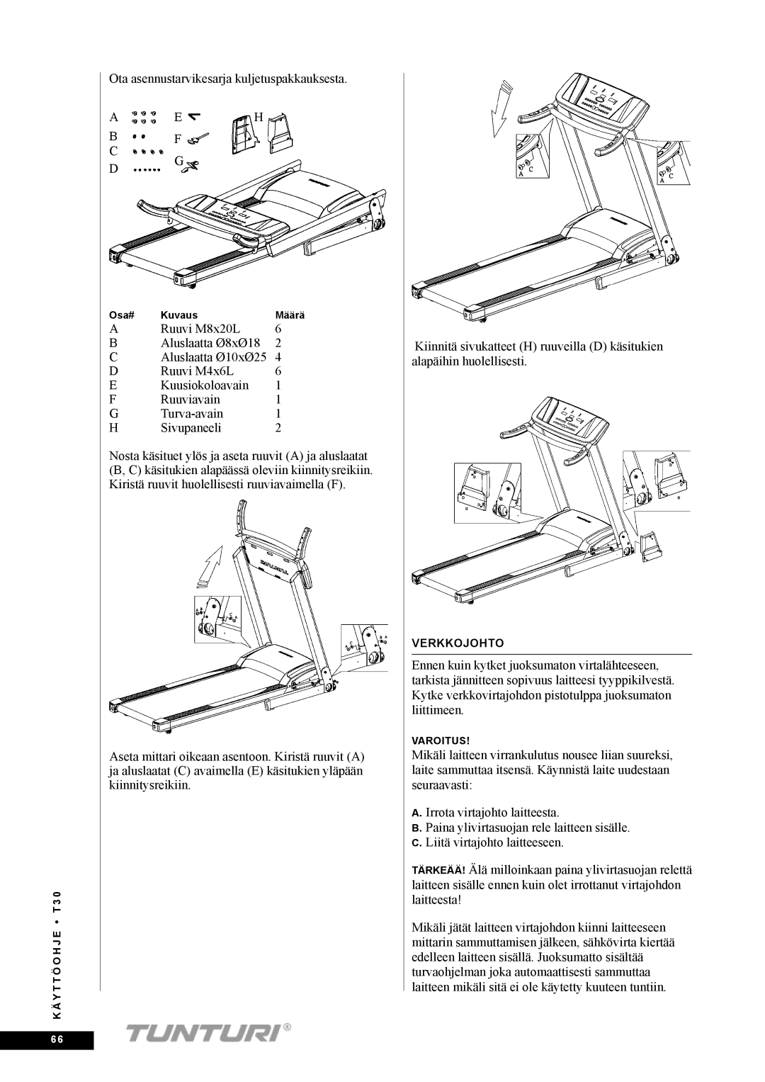 Tunturi T30 owner manual Ota asennustarvikesarja kuljetuspakkauksesta 