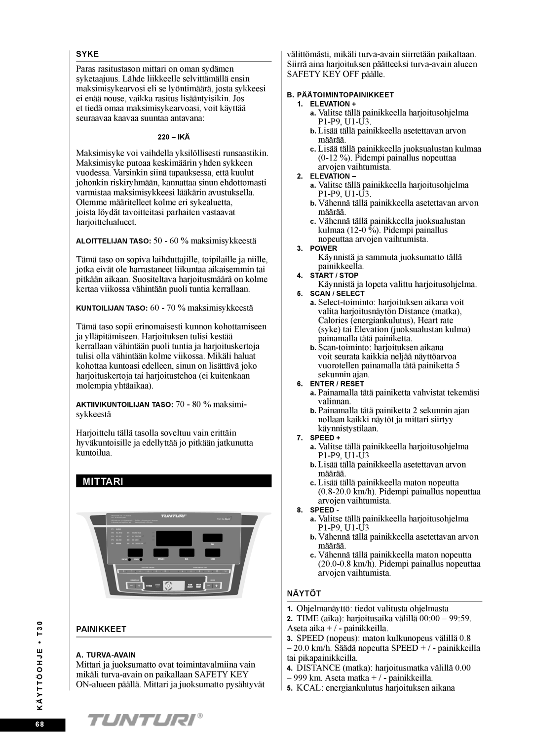 Tunturi T30 owner manual Mittari 