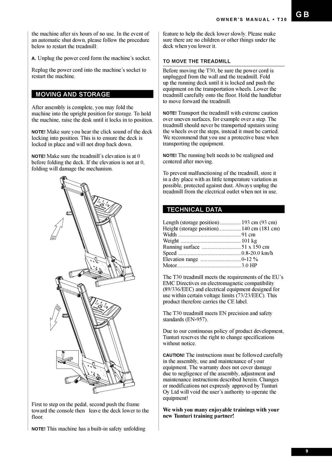 Tunturi T30 owner manual Moving and Storage, Technical Data 