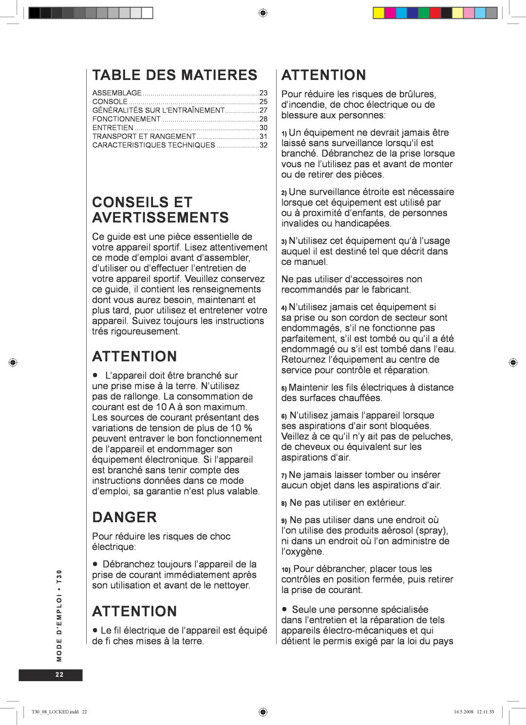 Tunturi T30 owner manual Table des Matieres, Conseils et avertissements, Danger 