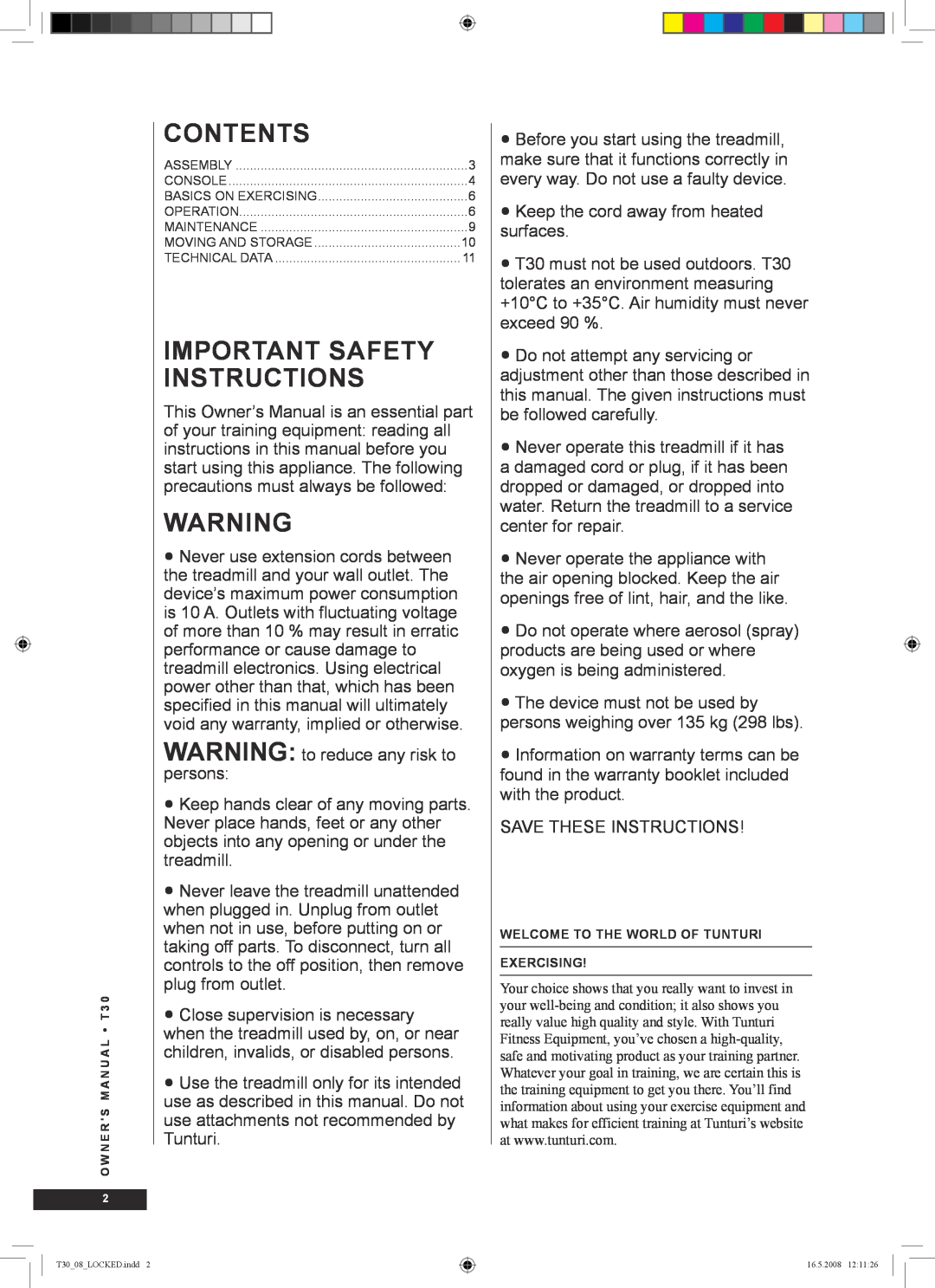 Tunturi T30 owner manual Contents, Important Safety Instructions 