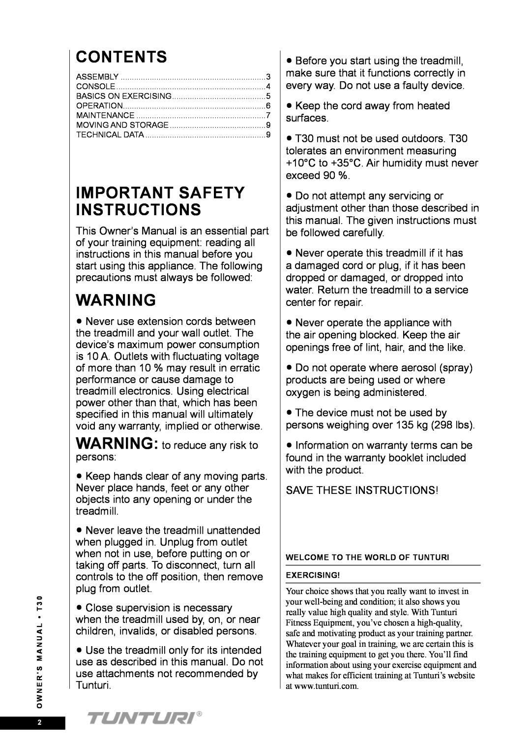 Tunturi T30 owner manual Contents, Important Safety Instructions 