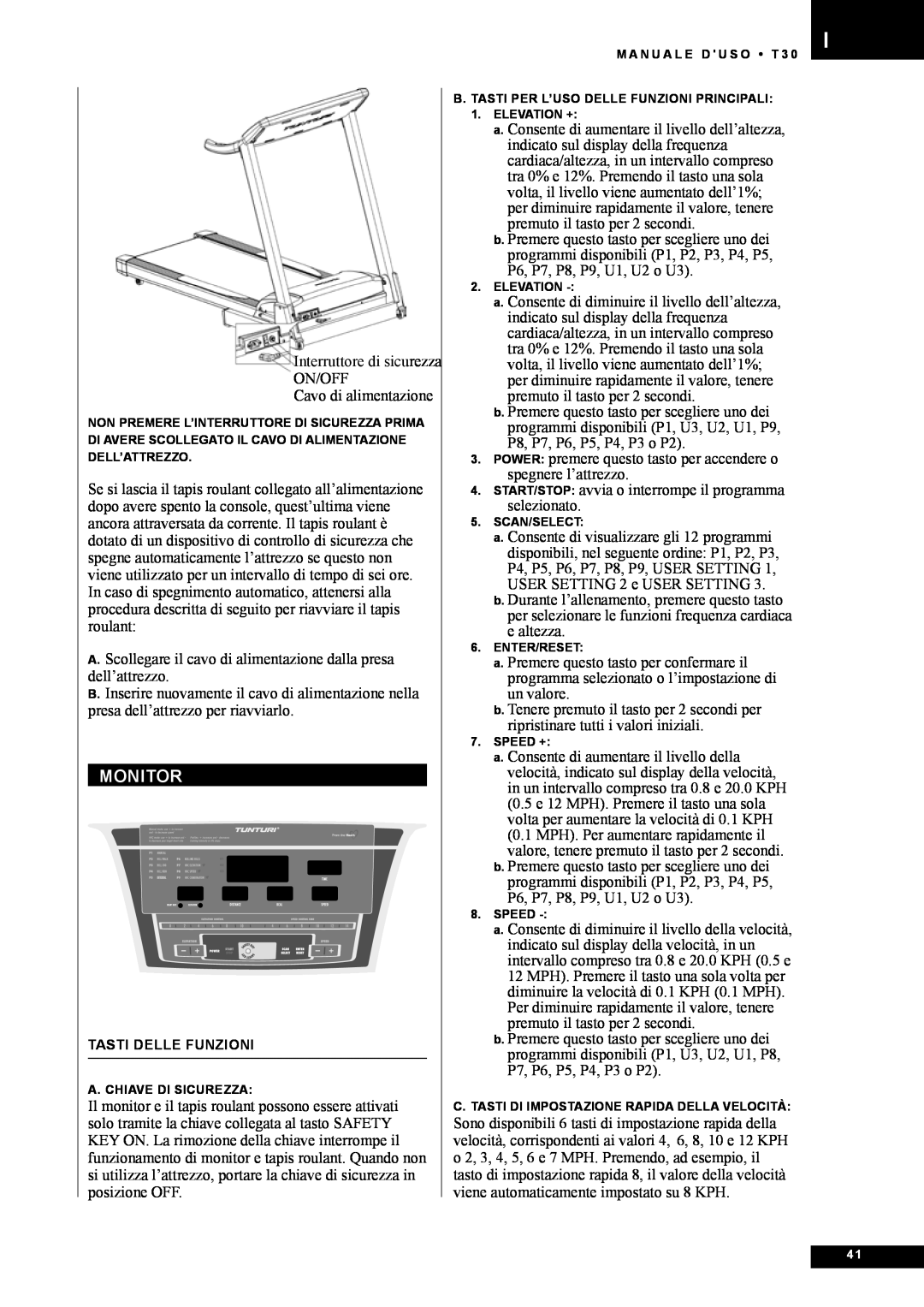 Tunturi T30 owner manual Monitor, Interruttore di sicurezza ON/OFF 