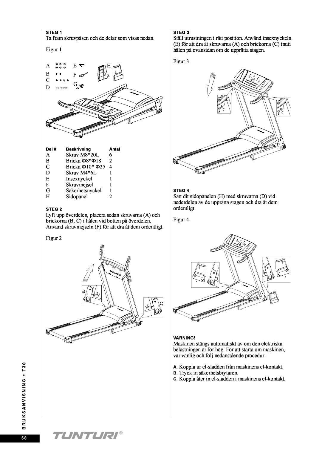 Tunturi T30 owner manual Ta fram skruvpåsen och de delar som visas nedan 