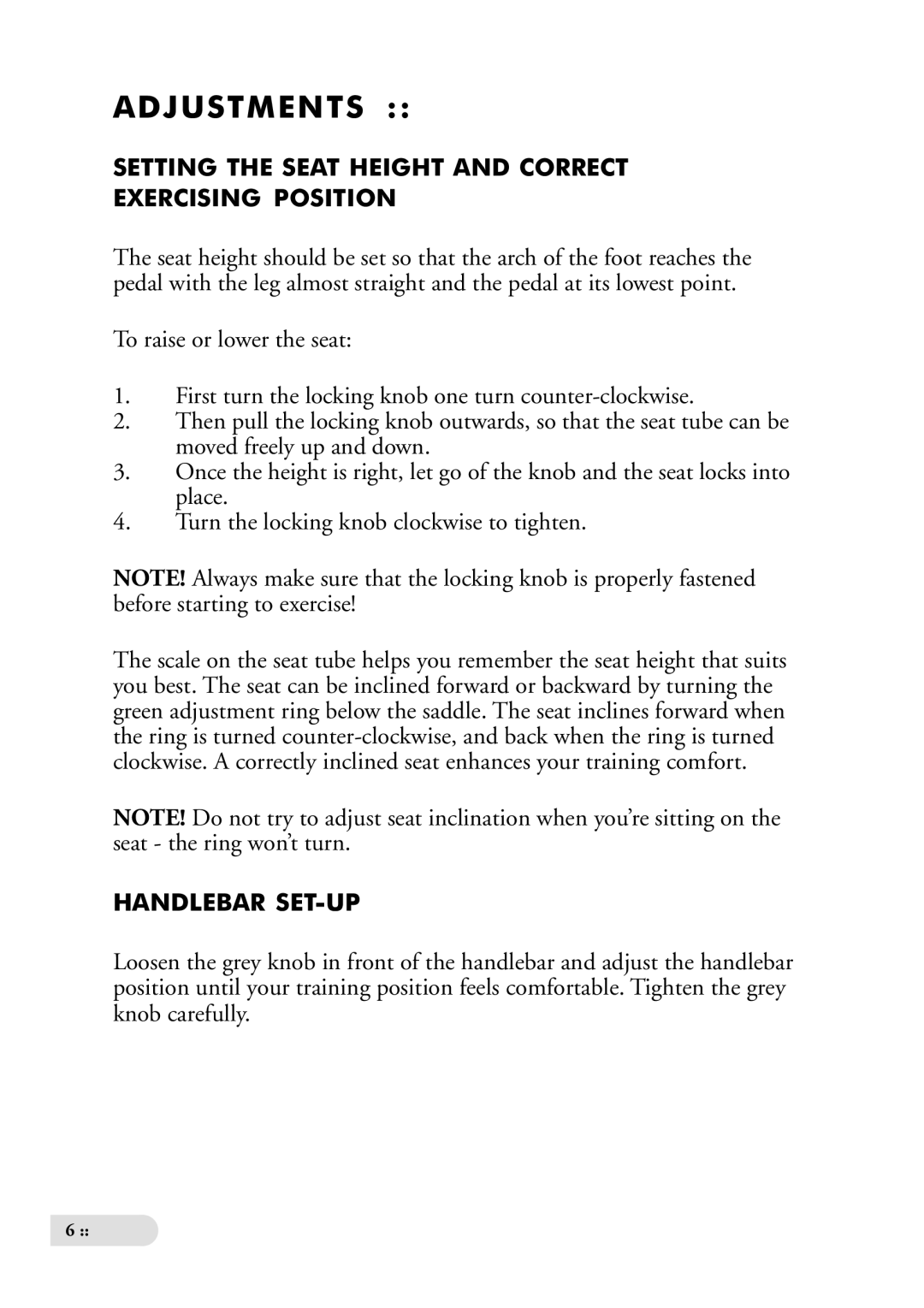 Tunturi T4, T6 owner manual Adjustments, Setting the Seat Height and Correct Exercising Position, Handlebar SET-UP 