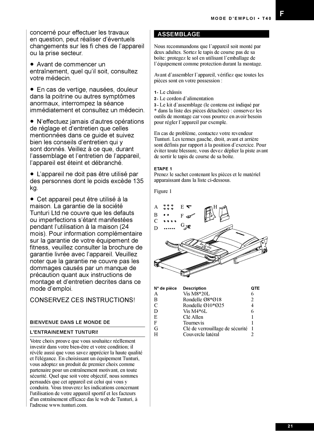 Tunturi T40 owner manual Conservez CES Instructions, Assemblage 