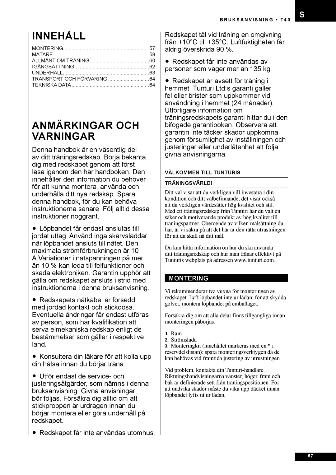 Tunturi T40 owner manual Innehåll, Anmärkingar OCH Varningar, Montering 