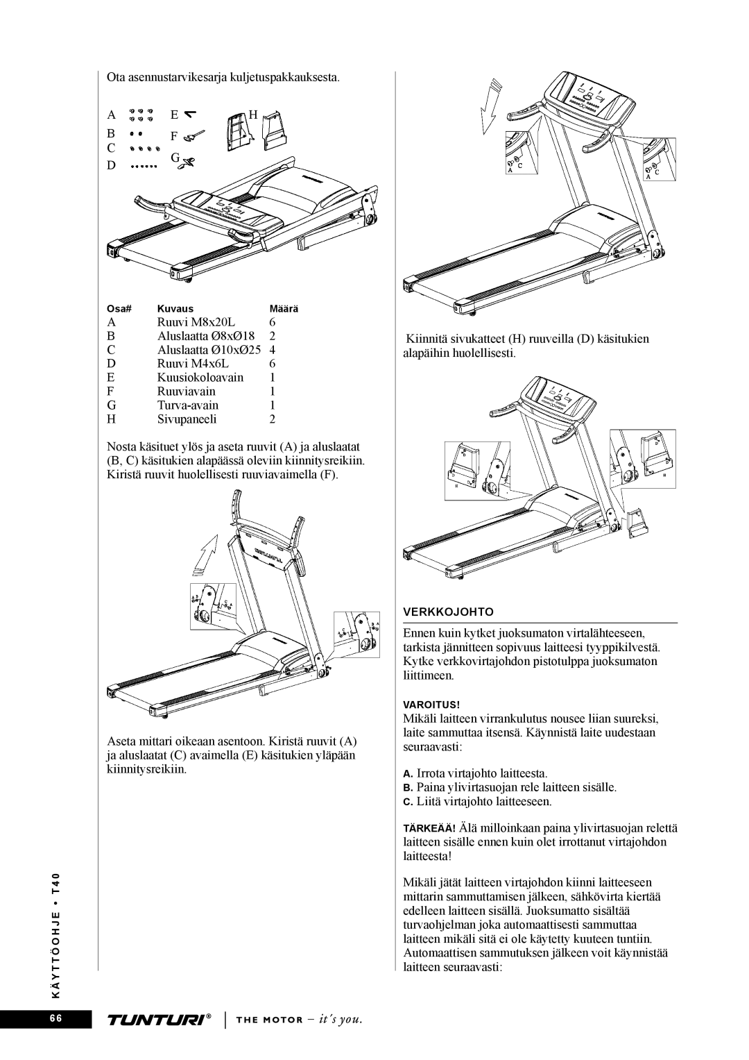 Tunturi T40 owner manual Ota asennustarvikesarja kuljetuspakkauksesta 