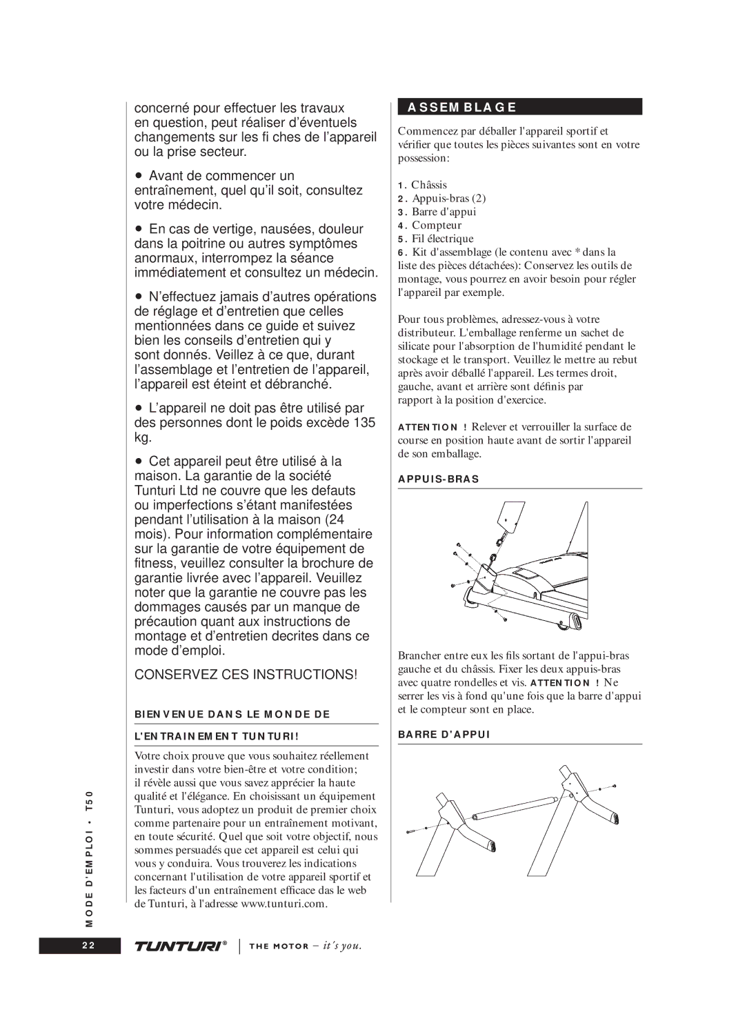 Tunturi T50 owner manual Conservez CES Instructions, S E M B L a G E 