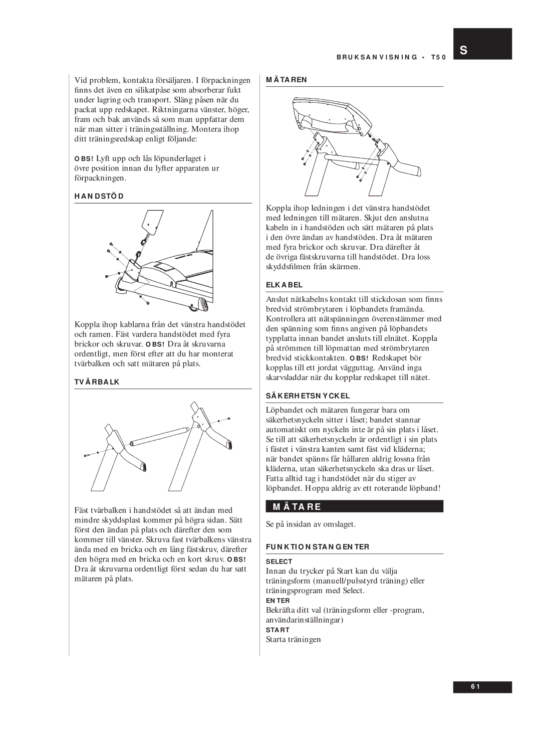 Tunturi T50 owner manual T a R E, Se på insidan av omslaget, Starta träningen 