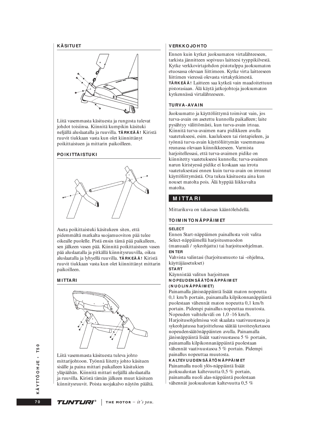 Tunturi T50 owner manual T T a R, Mittarikuva on takaosan kääntölehdellä, Käynnistää valitun harjoitteen 