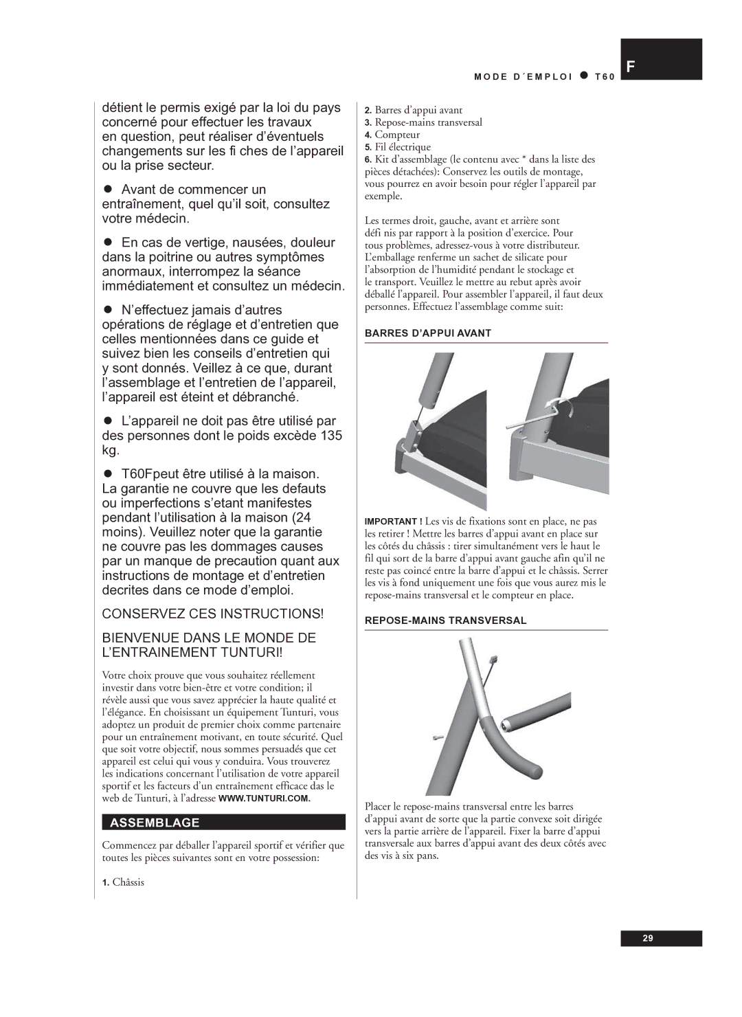 Tunturi T60 owner manual Assemblage, Châssis, Barres D’APPUI Avant, REPOSE-MAINS Transversal 