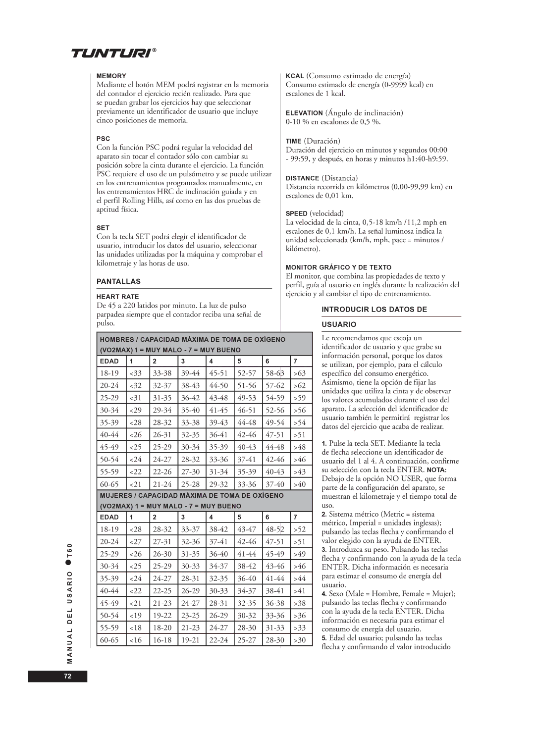 Tunturi T60 Kcal Consumo estimado de energía, Time Duración, Distancia recorrida en kilómetros 0,00-99,99 km en, Pulso 