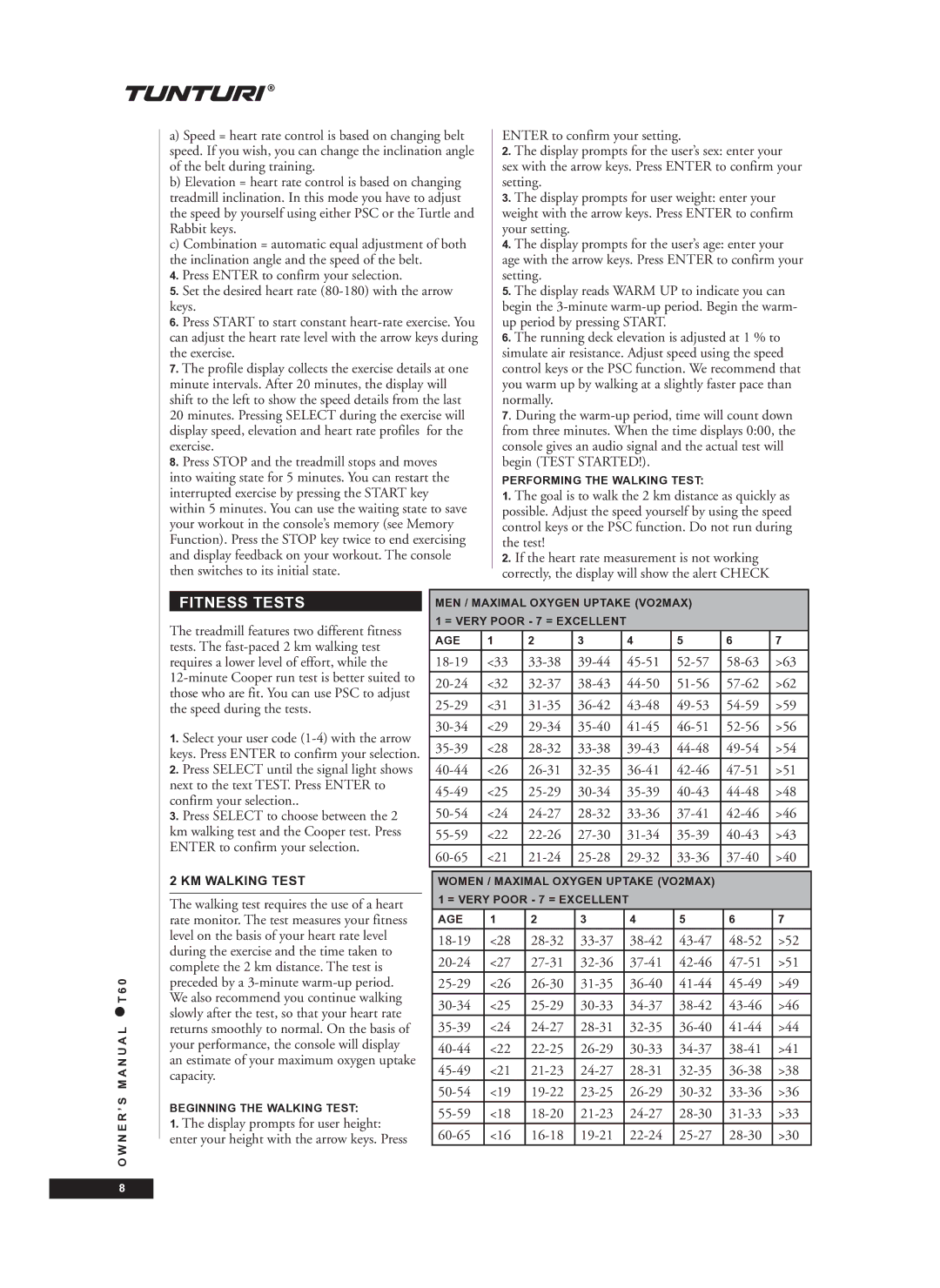 Tunturi T60 owner manual Fitness Tests, KM Walking Test 