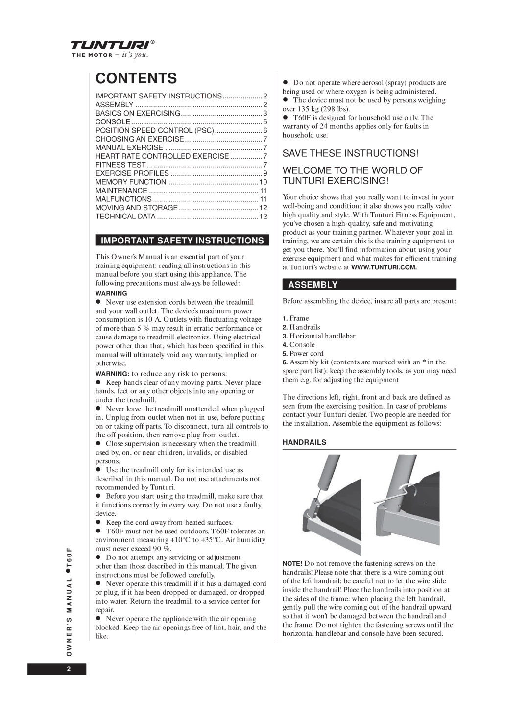 Tunturi T60F owner manual Contents 