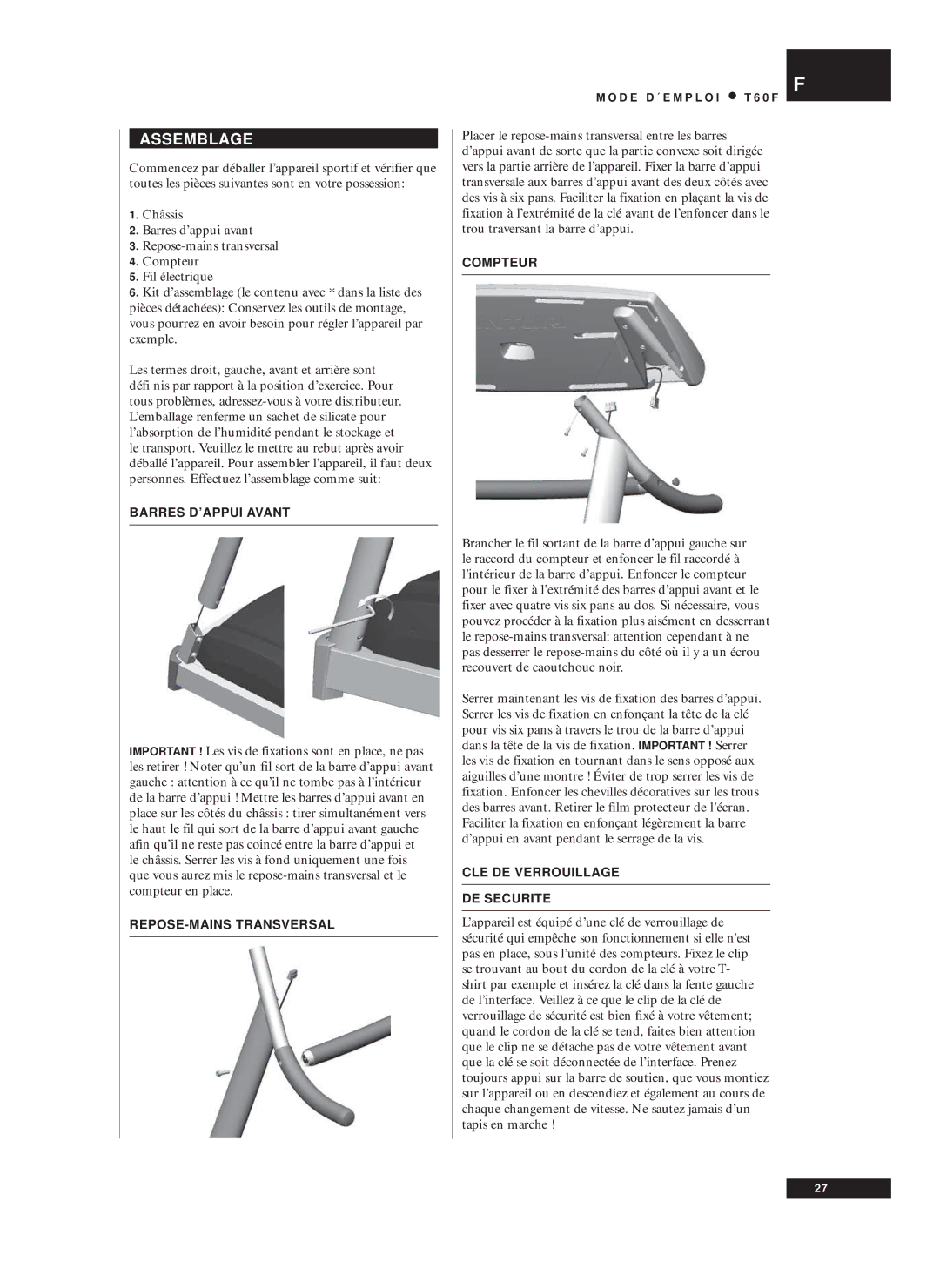 Tunturi T60F Assemblage, Barres D’APPUI Avant, REPOSE-MAINS Transversal, Compteur, CLE DE Verrouillage DE Securite 