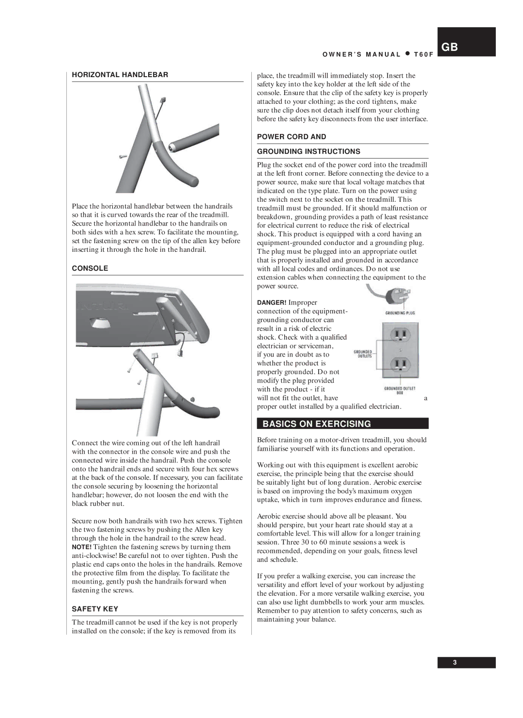 Tunturi T60F Basics on Exercising, Horizontal Handlebar, Console, Safety KEY, Power Cord Grounding Instructions 