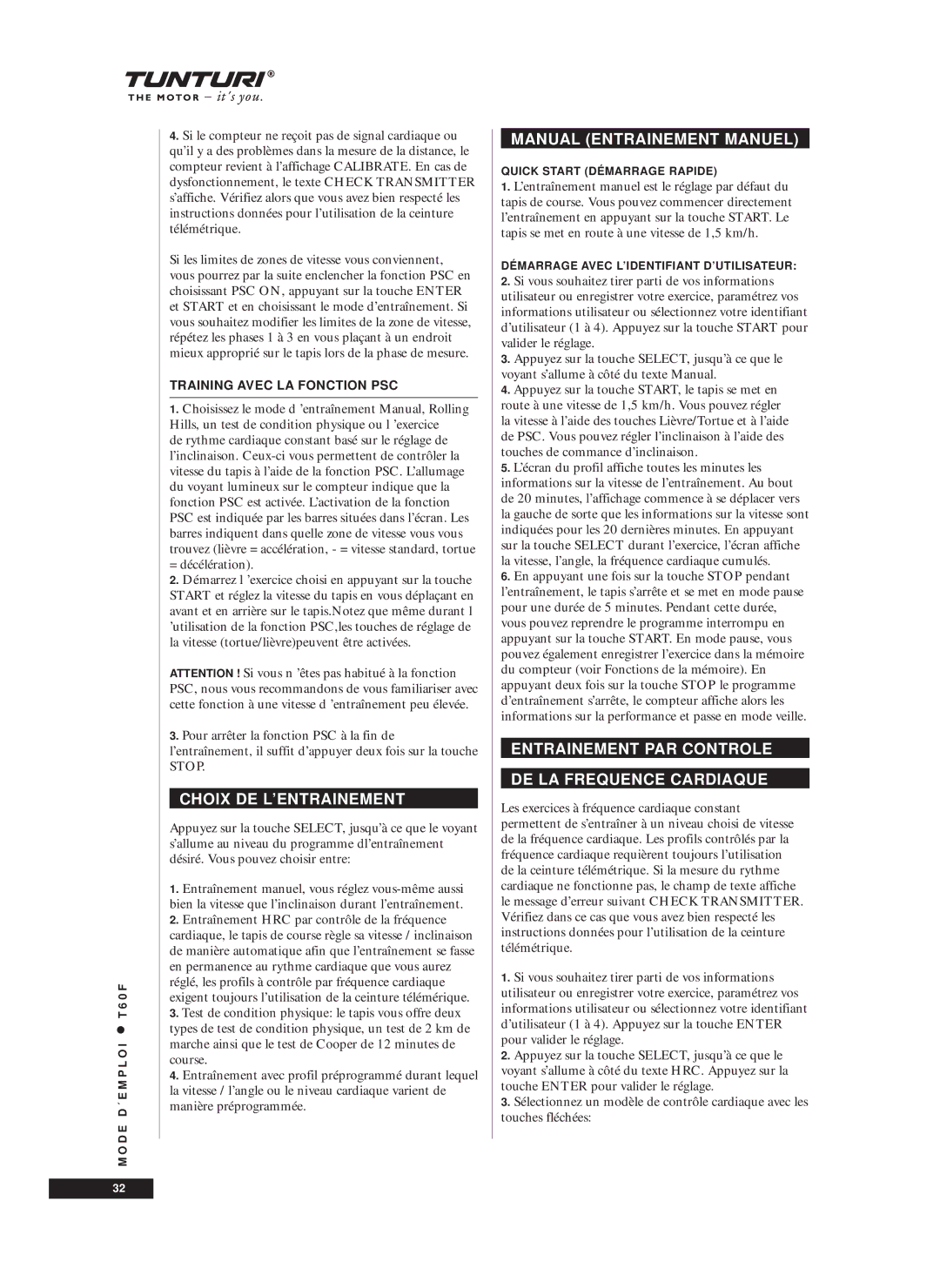 Tunturi T60F Choix DE L’ENTRAINEMENT, Manual Entrainement Manuel, Entrainement PAR Controle DE LA Frequence Cardiaque 