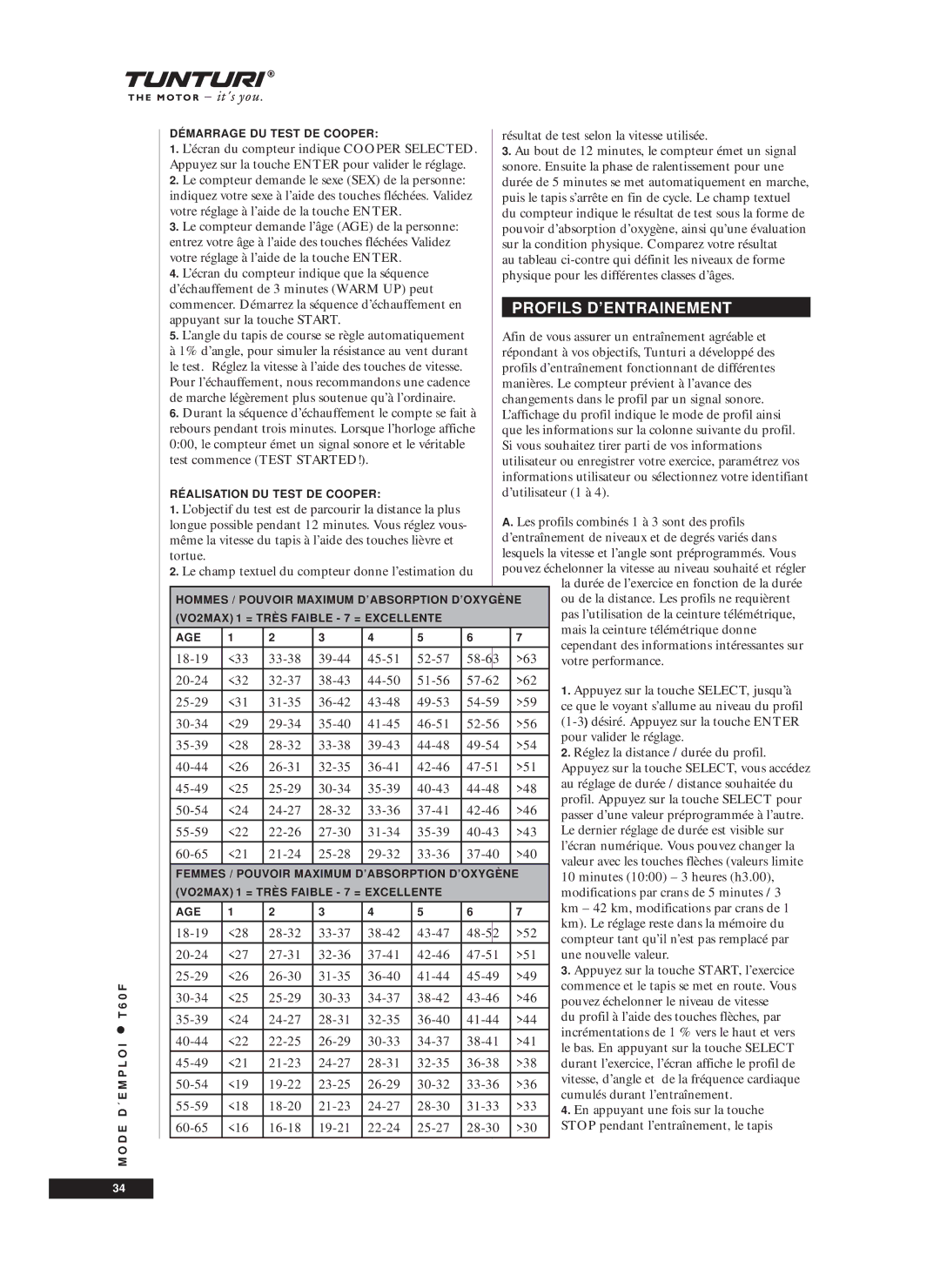 Tunturi T60F owner manual Profils D’ENTRAINEMENT 